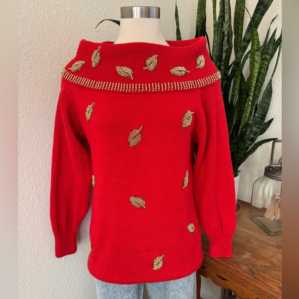Vintage Red Beaded Leaf Sweater Ramie Cotton‎ Knit Fall Holiday teacher small